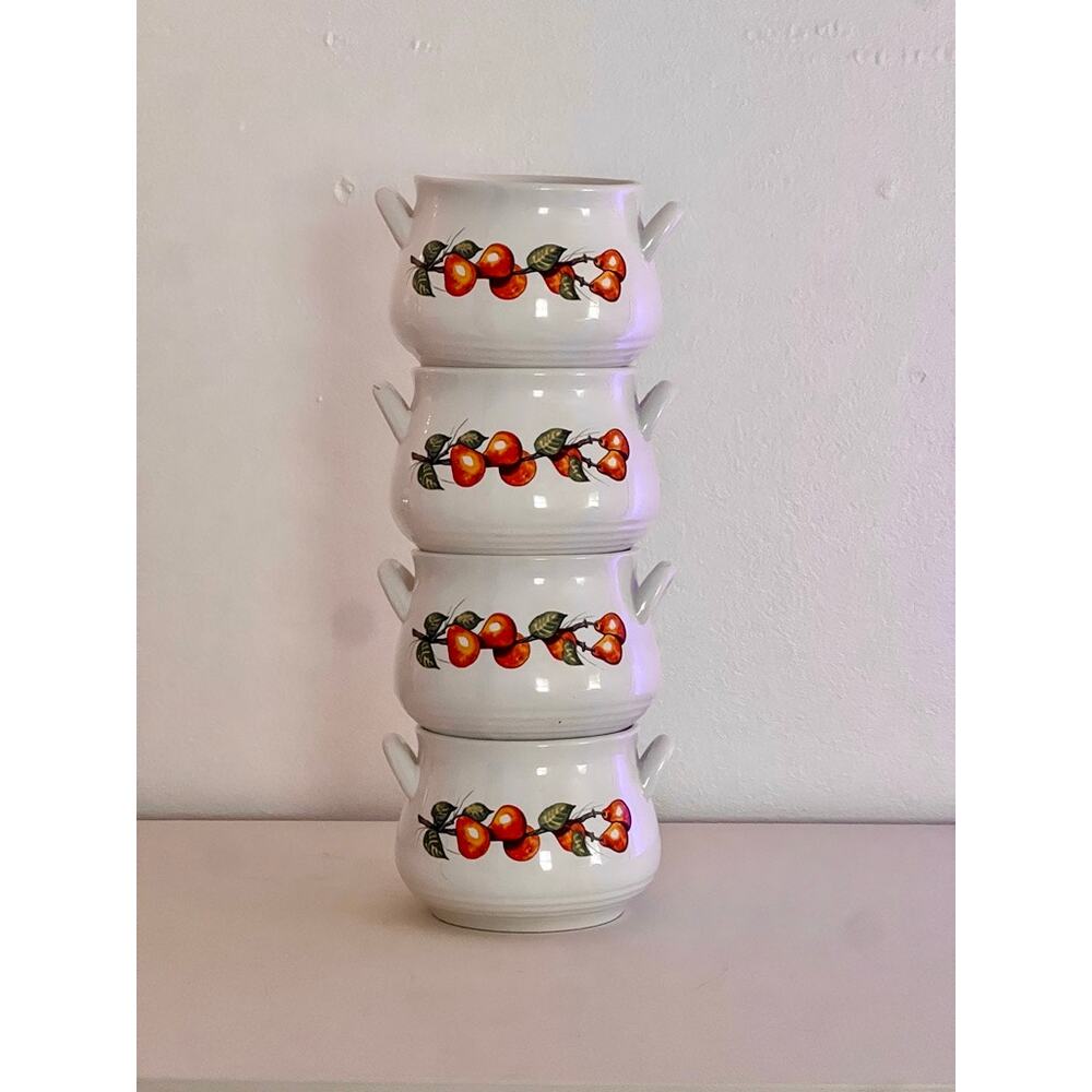 80's Vintage Handled Soup Bowl Set With Gold Pears Made in Taiwan R.O.C.